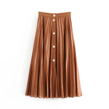 

2020 new casual single breastd pleated brown za long chiffon skirts summer vintage lady aline high waist button skirt femme jupe