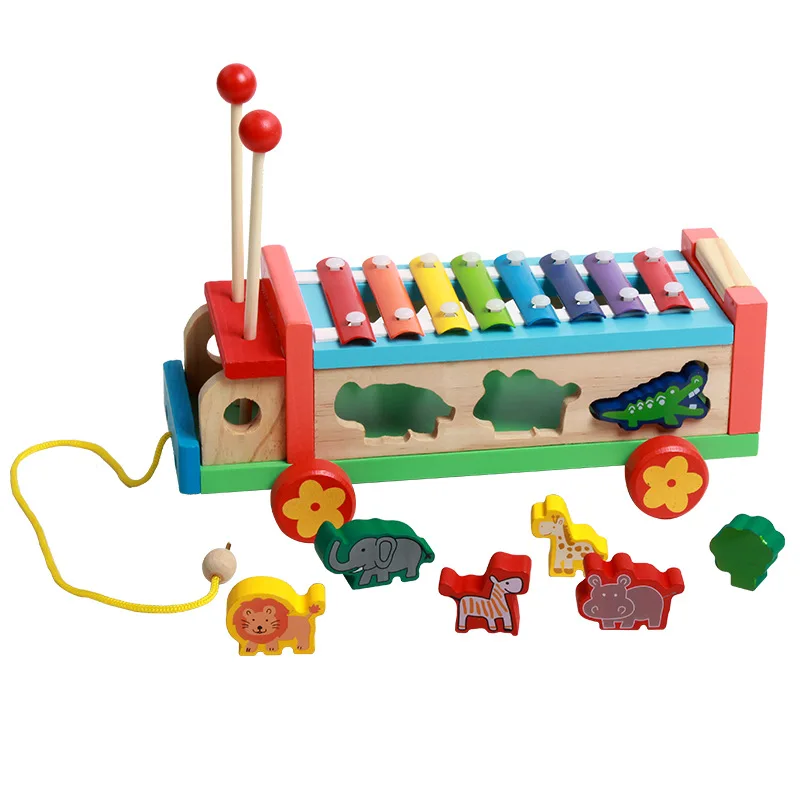 

Wood Mom Children'S Educational Stereo Animal Tractor Knock Piano Shape Matching Drag Music Box Car Building Blocks Toy