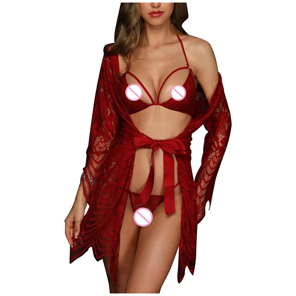 Lenceria sex shop, 3 шт., для женщин, плюс размер, цветочный рисунок, кружево, отделка, халат, бюстгальтер, трусики, набор, ночная рубашка, ночное белье, нижнее белье, lengery femenina, сексуальный
