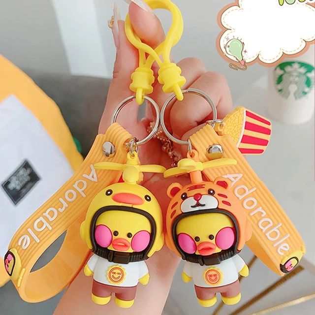 NEW Korean Lalafanfan Duck Keychain with Animal Helmet Little Yellow Duck Figure Keychains Decor Cute Ducks Doll Toys Kids Gifts 1