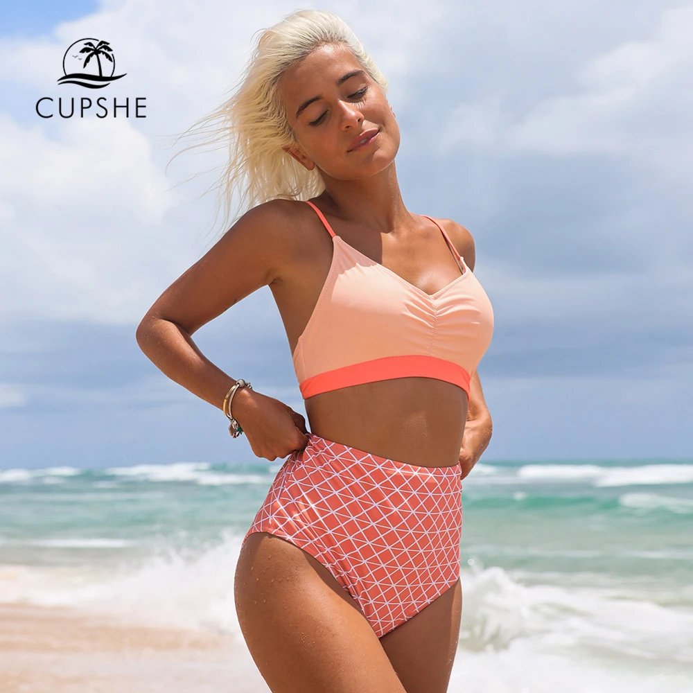 

CUPSHE Pink Geometric Print High-Waisted Bikini Sexy Strappy Lace Up Swimsuit Two Pieces Swimwear Women 2019 Beach Bathing Suits