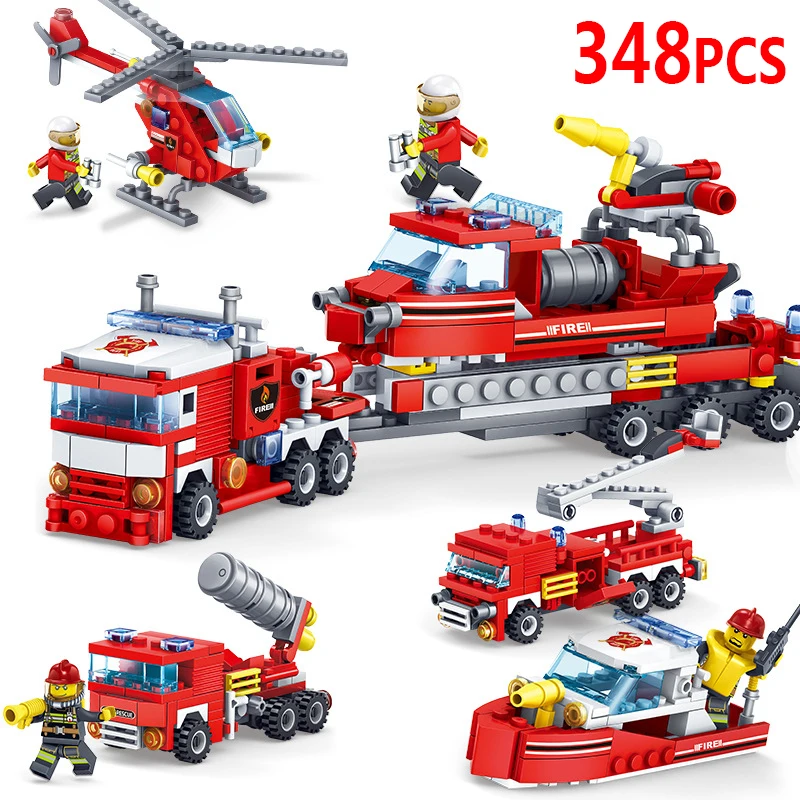 

348pcs 4in1 Fire Fighting Trucks Car Helicopter Boat Building Blocks Compatible Legoinglys City Firefighter Figures Children Toy