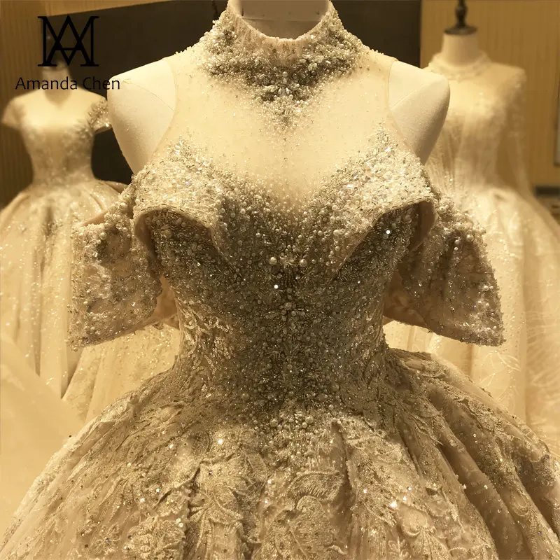 Букет с высокой горловиной с открытыми плечами короткий рукав с украшением в виде кристаллов кружевное свадебное платье класса люкс