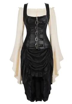 

Grebrafan Leather Corset Bustier Strap with Pirate Skirt and Blouse 3 Piece Costume Holiday Party Club Steampunk