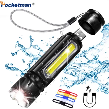 

5000LM Multifunctional LED Flashlight USB Rechargeable battery Powerful T6 torch Side COB Light linterna tail magnet Work Light