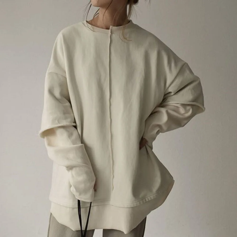 

Hoodie White Women Cool 2020 Long Fashion Sweatshirt Solid Color Round Neck Pullover Loose Slim Spring Fall Outwear Female