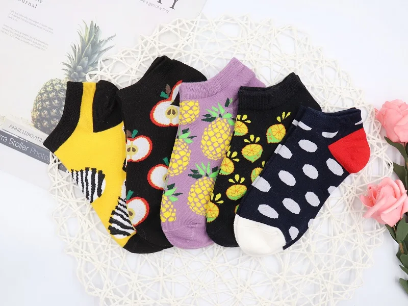 5 пар/упак. милые носки-башмачки Носки с рисунком фруктов женские хлопковые короткие носки до лодыжки harajuku носки милые повседневные носки цветные носки