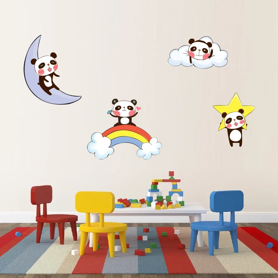 Забавные панды с радугой Наклейки на стены для детей облако Луна Звезда наклейки для детской комнаты Гостиная Спальня украшение дома Фреска