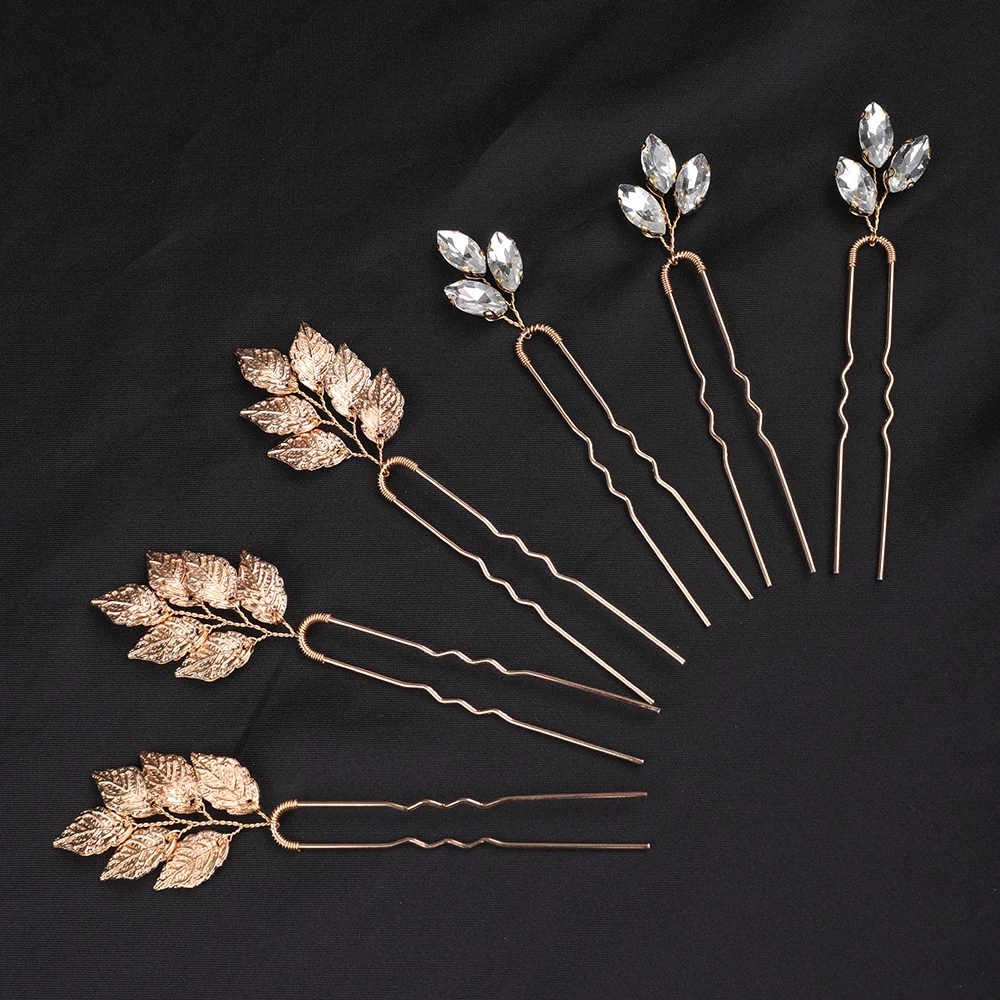 Vintage Gold Leaves 6PCS Hairpins Rhinestones Hair Clips Bridal Headwear Handmade Head Jewelry Tiaras Wedding Hair Accessories