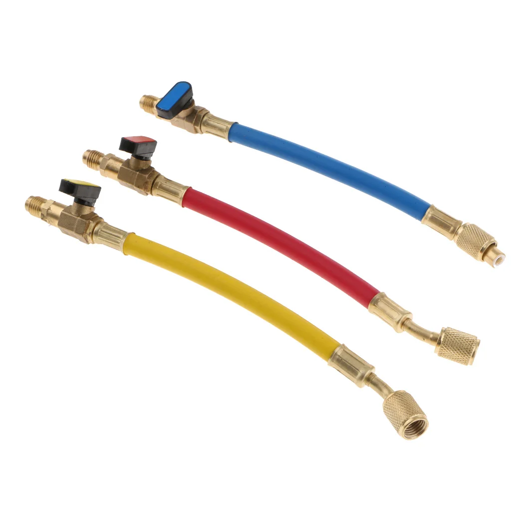 3 Pieces A/C HVAC R134A R410A R22 R12 Short Charging Hoses with Ball Valves