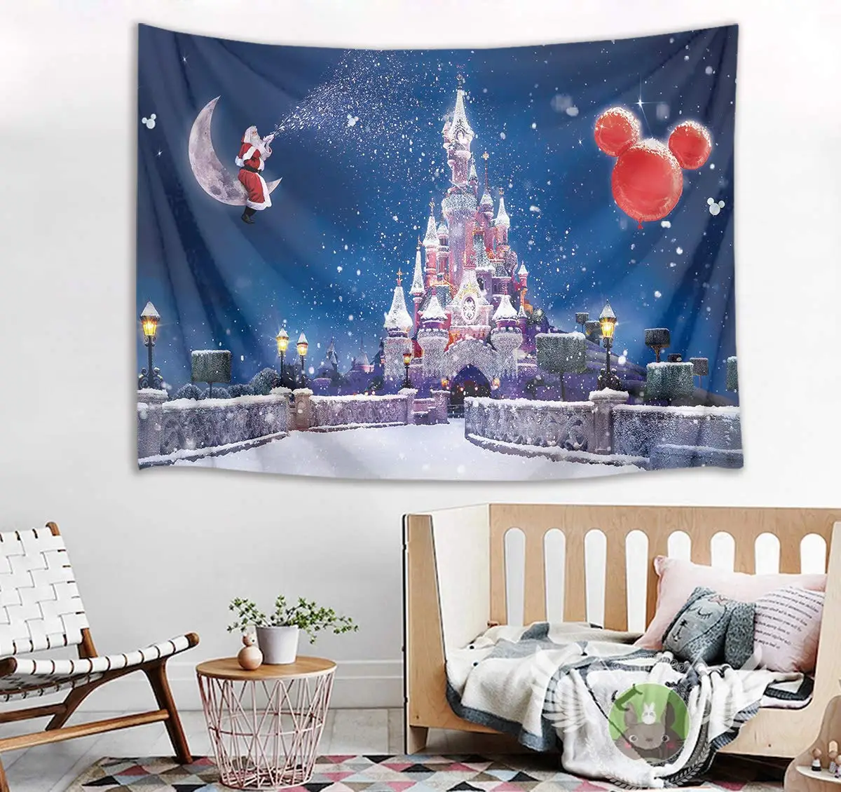 Castle Tapestry Santa Claus on Moon with Snowflake Custom Winter Scenery