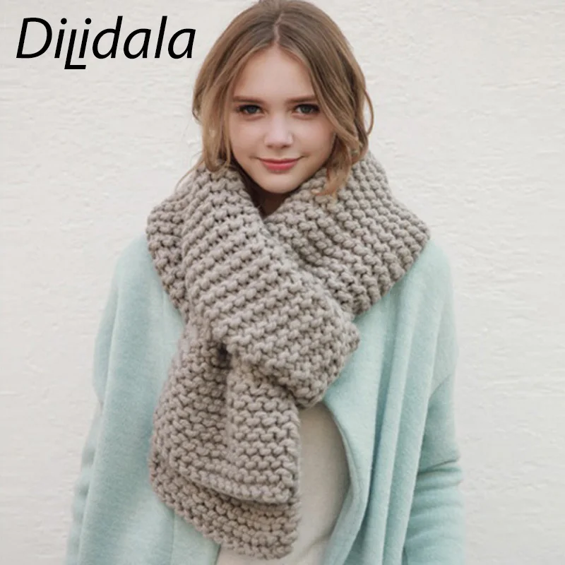 Dilidala шарф из грубой шерсти ручной работы женский зимний толстый Одноцветный студенческий вязаный теплый шарф однотонный теплый шарф