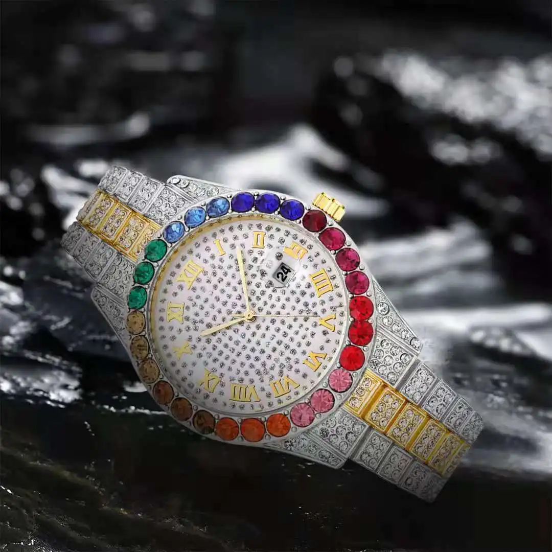 Ladies Iced Out Watch for Women Luxury Colourful Women Gold Watch Fashion Diamond Crystal Bling Bling Hip Hop Watch Reloj Mujer