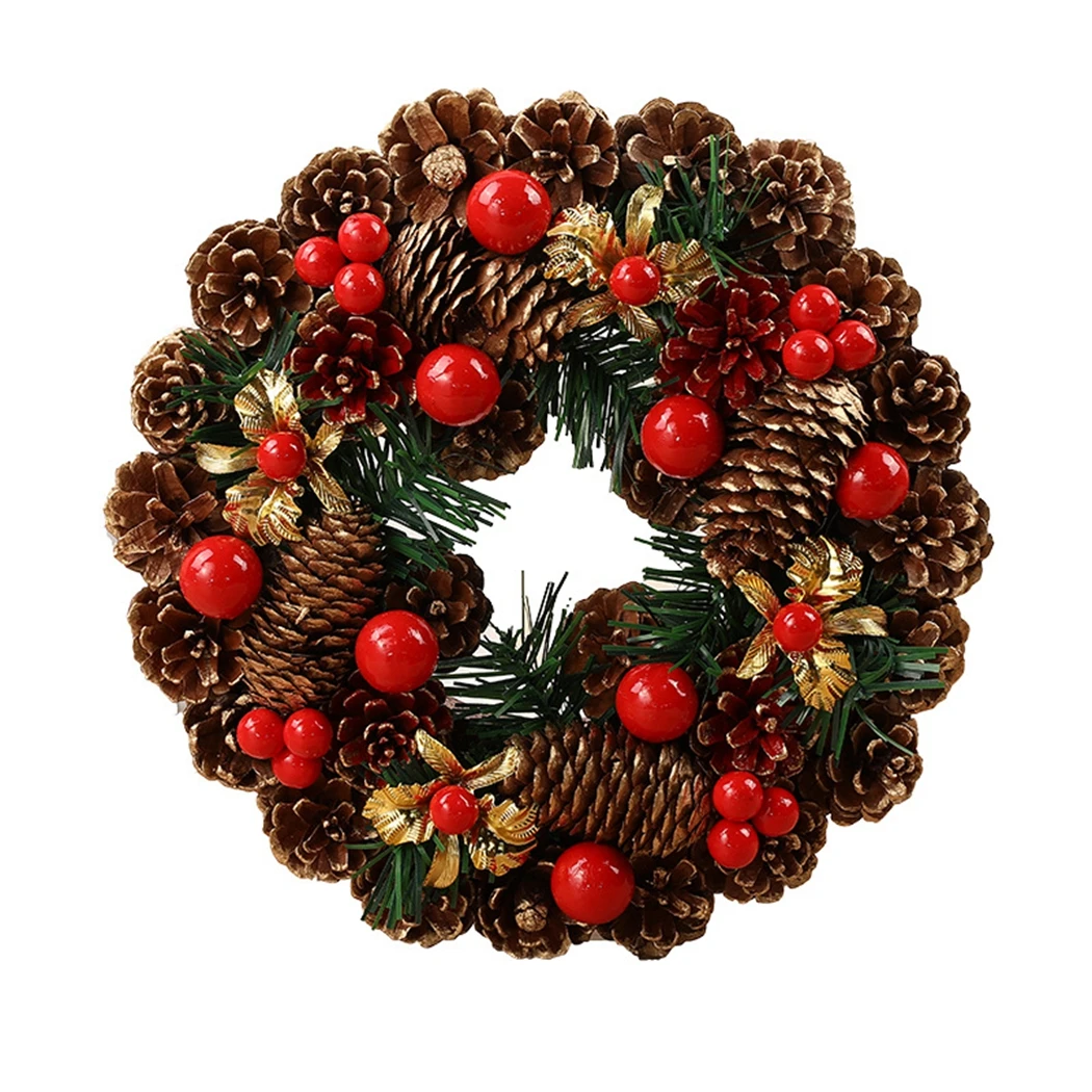 

27cm Christmas Door Wreath Handmade Rattan Garland Artificial Pine Cone Red Berry Festival Hanging Door Wreath For Christmas