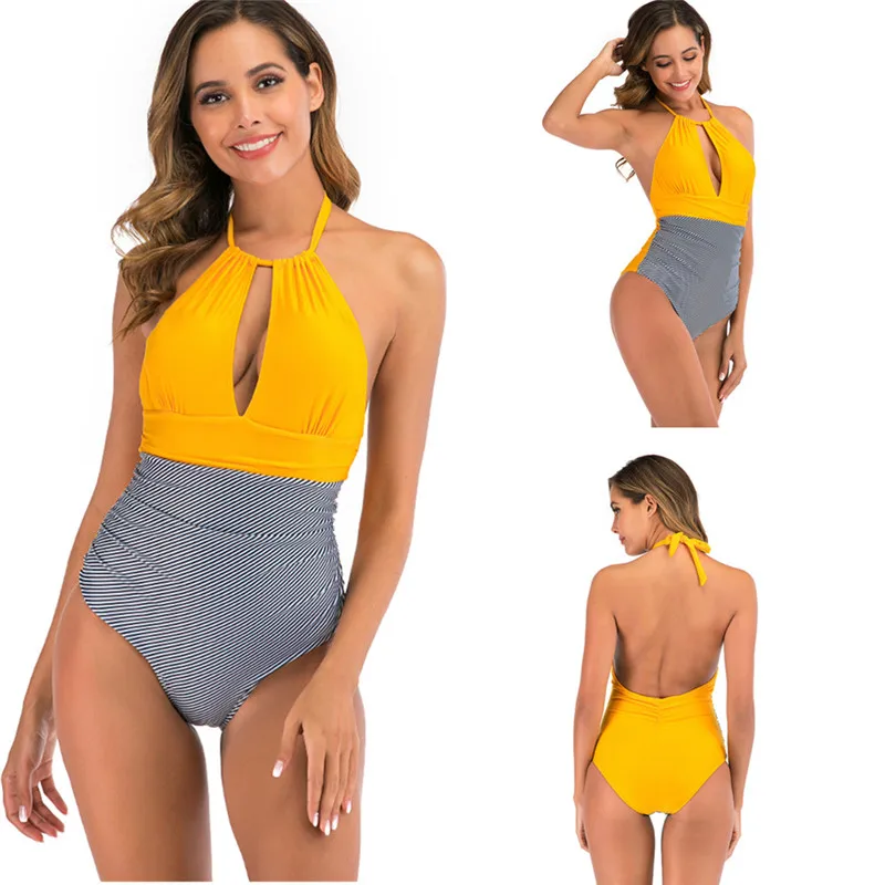 

High Neck Swimsuit One Piece Women Backless Solid Retro Swimwear Yellow Plain Deep Plunge Bathing Suit One-piece Swim Plus Size