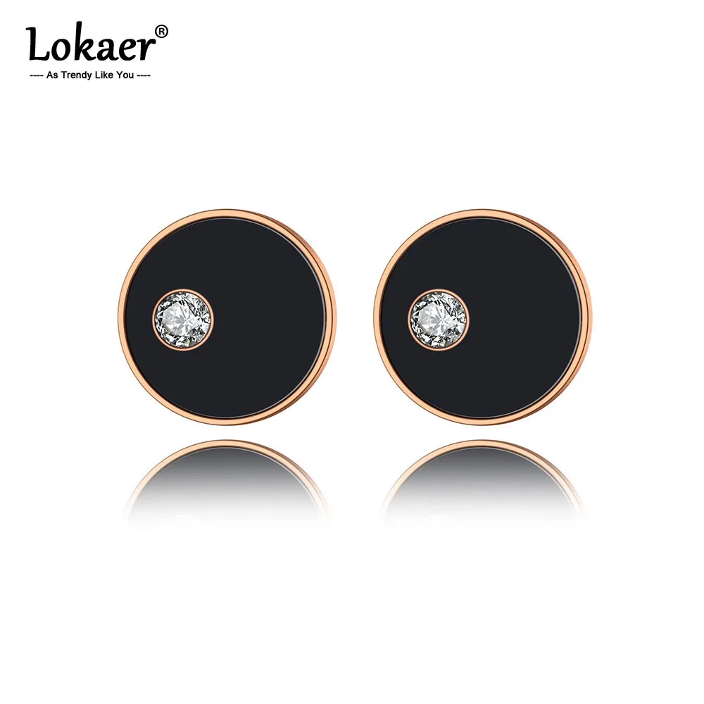 Lokaer, модные черные акриловые круглые свадебные серьги из нержавеющей стали для женщин, розовое золото, CZ Кристалл, серьги-гвоздики, ювелирное изделие E19250