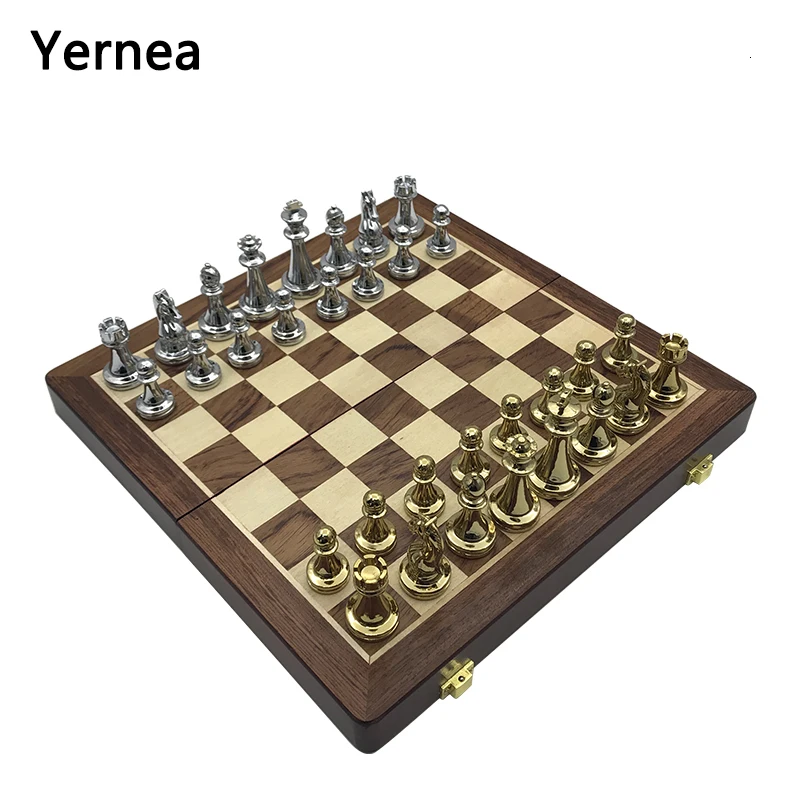 

Yernea High Quality Entertainment Wooden Folding Chessboard Retro Metal Alloy Chess Set Pieces Chess Game Chessboard Gift