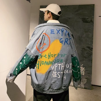 

2019 Autumn And Winter New Youth Trend Graffiti Print Denim Jacket Fashion Casual Loose Single-breasted Shirt Blue / Black M-2XL
