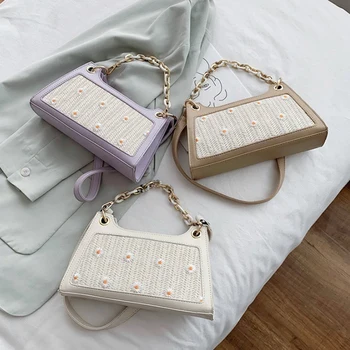 

Small Daisy Straw Woven Women's Messenger Bag Fashion Woven Printed Shoulder Bag Travel Beach Bag Luxury Handbag