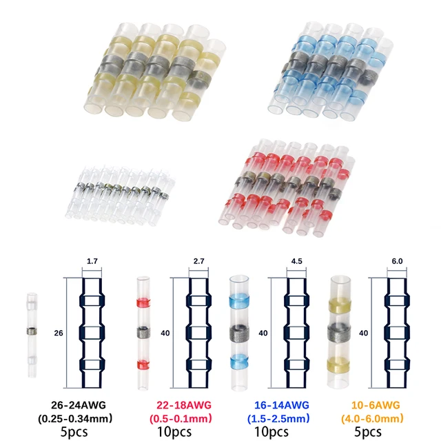 50PCS Solder Seal Wire Connectors Waterproof Heat Shrink Butt Connectors Electrical Wire Terminals Insulated Butt Splices 30pcs Mix