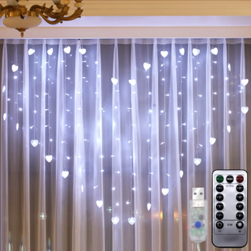 Garland Christmas Lights Outdoor Indoor USB Remote Control Heart LED Curtain String Fairy Light Xmas Tree Wedding Decoration