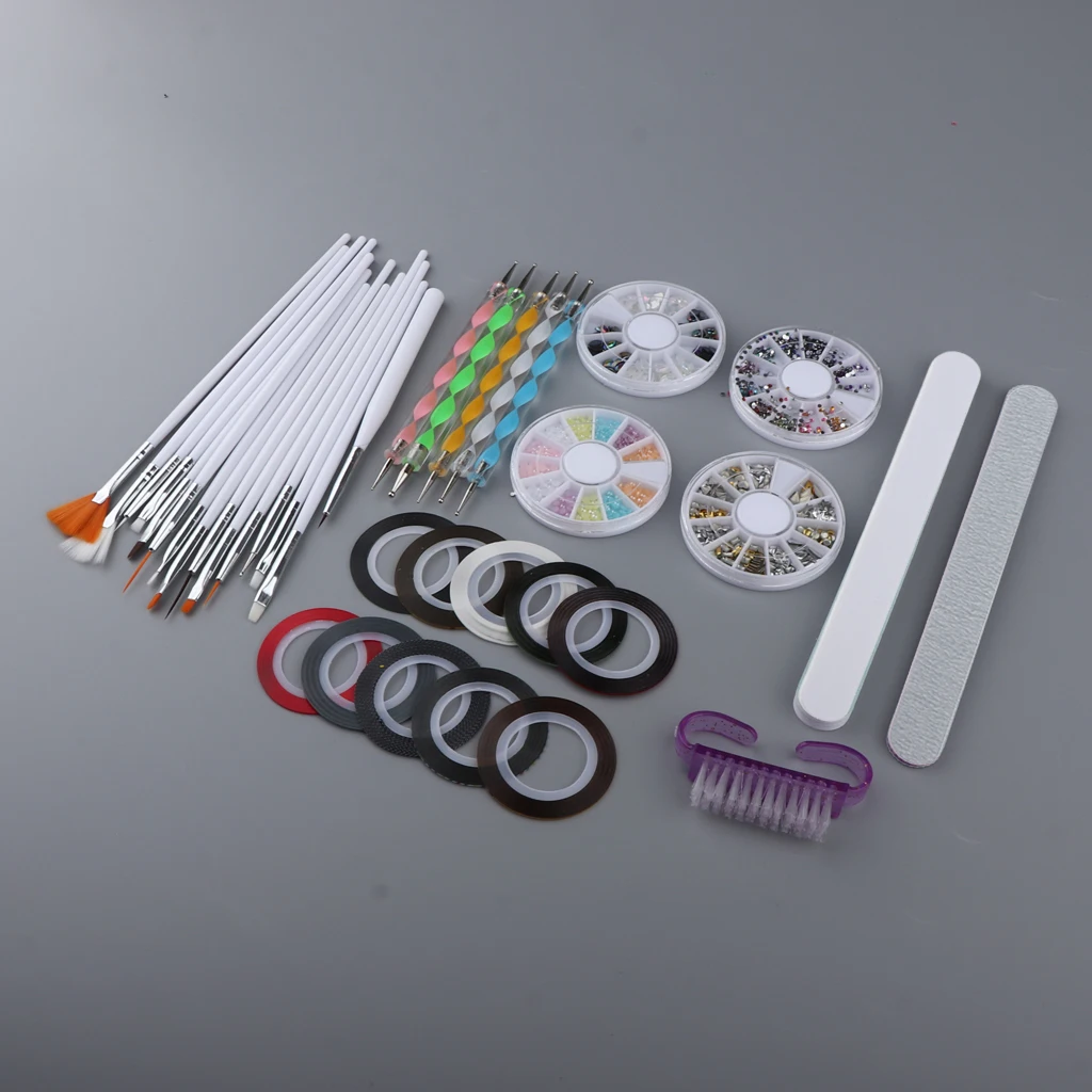 37pcs Manicure Tools Set, 15x Nail Art Liner Brush Pen+5x Dotting Pen+4x Wheel Nail Art Rhinestones+10x Nail Striping Tape