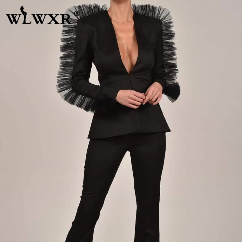 

WLWXR Ruffls White Black 2 Piece Set Women Suit V Neck Mesh Sexy Jacket and Shorts Women Matching Set Ladies Office Club Outfits