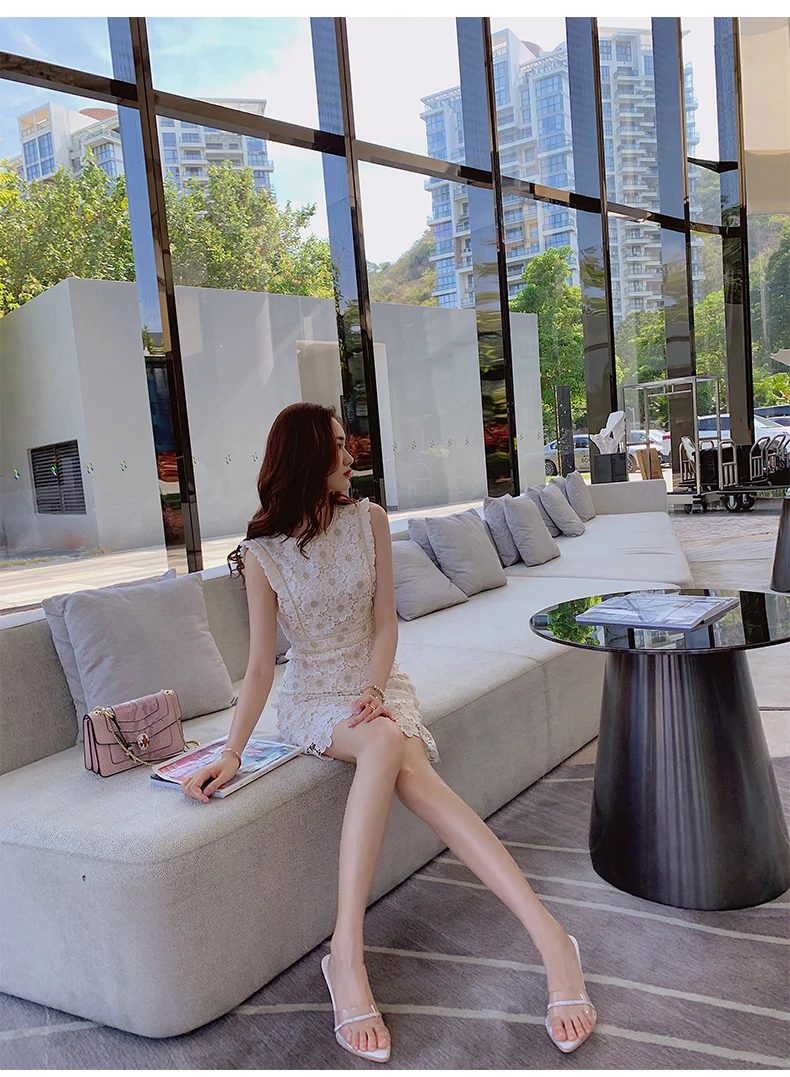 Women Lace Embroidery Dresses For Party 2021 Women'S Summer New Temperament Slim Round Neck High Waist Fashion Dress Office Lady