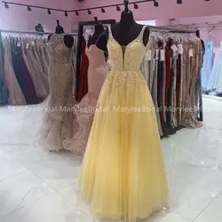 Длина пола аппликации вышитые бисером вечерние платья на выпускной v-образным вырезом Желтый vestidos de fiesta вечерние платья для женщин без