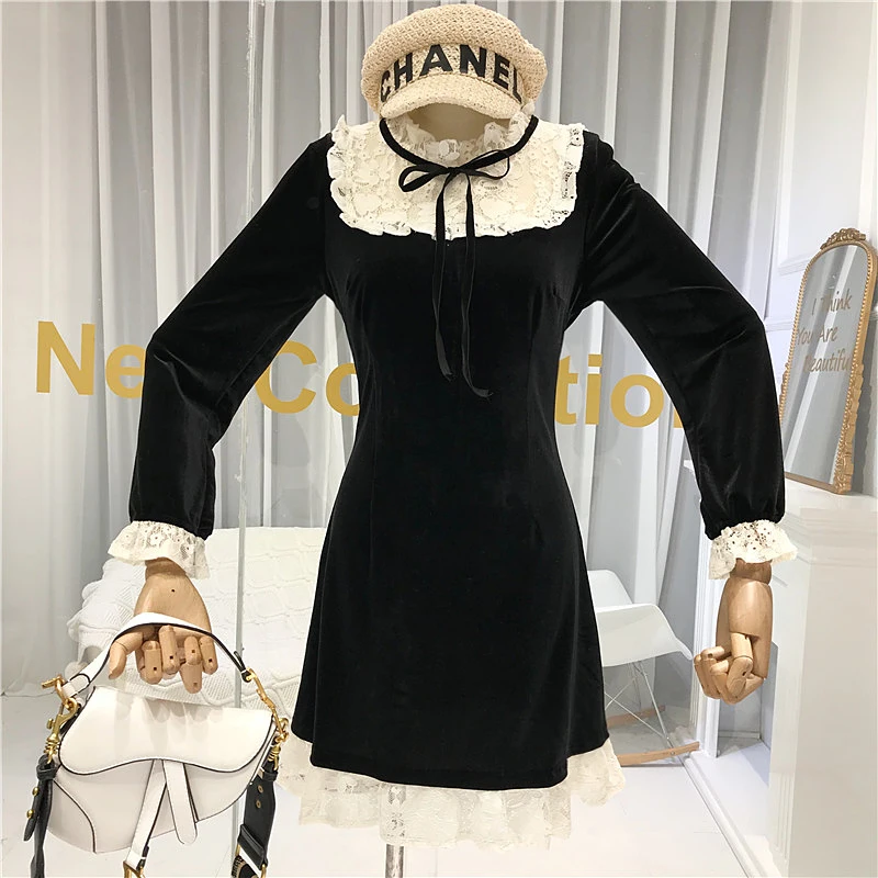 

Vintage Dresses Patchwork Lace Knee-Length A-Line Women Designer Clothing Stand Collar Formal Dress Women Elegant Velvet