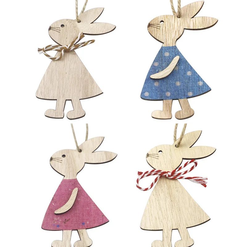 

4PCS DIY Easter Rabbit Wooden Pendants Hanging Ornament Wood Crafts Kids Gift for Easter Home Party Decorations Supplies