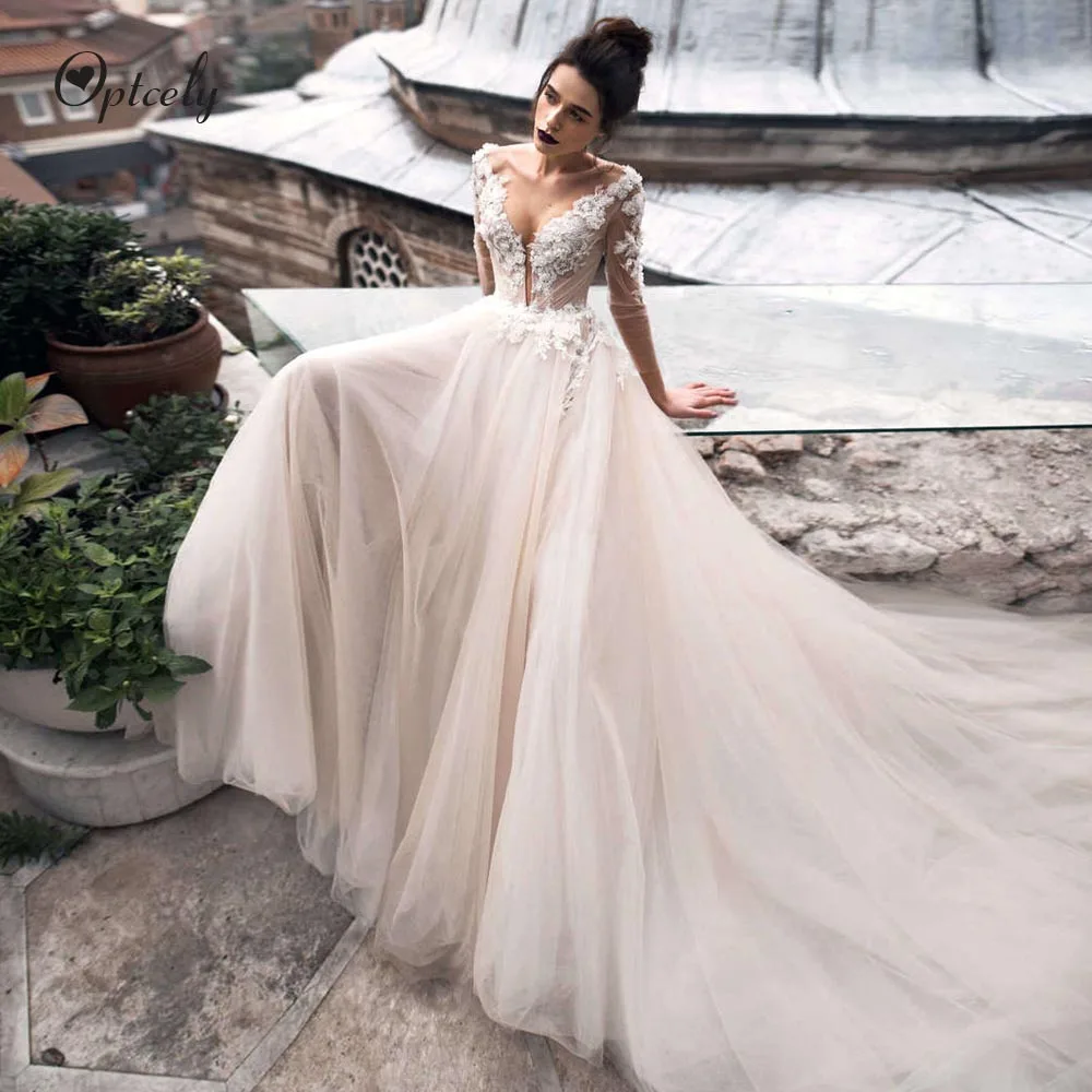 

Optcely Romantic V-Neck Half Sleeve A-Line Ball Gown Wedding Dress2019 Appliques Luxury Beaded Chapel Train Vintage Bridal Gown