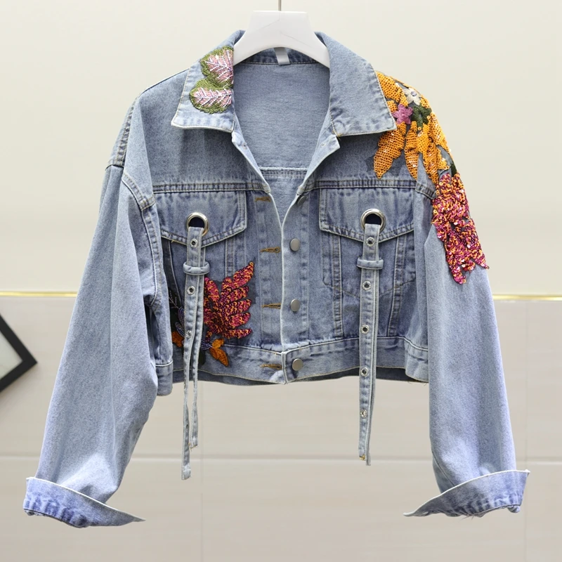 

Spring Autumn New Women Sequin Flower Embroidery Plus size Denim jacket Female Short Washed Light blue Jean jacket Ropa de mujer