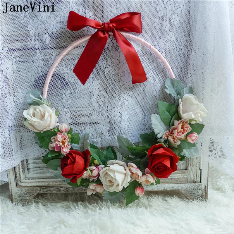 JaneVini 2022 Artificial Red Rose Wedding Bouquets Bride Flowers Bridal Flower Wreath Hand Bouquets Boutonniere Wesele Akcesoria