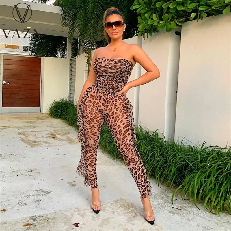 VAZN 2021 Summer Ladies Fashion Casual New Street Sexy Strapless Nightclub Party Leopard Print See-Through Jumpsuit |