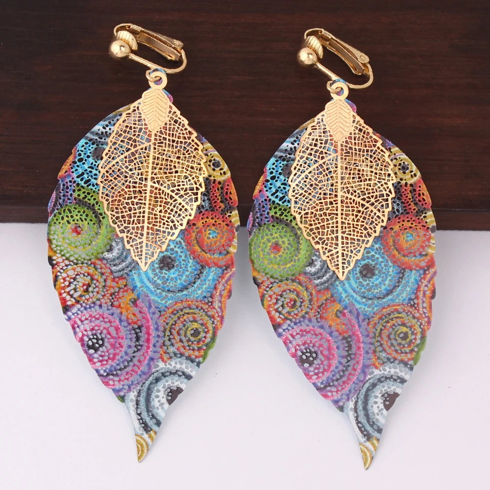 GRACE JUN Colorful Copper Material Double Leaf Clip on Earrings for Women Xmas Earrings