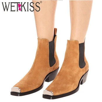 

WETKISS Sexy Metal Decor Women Chelsea Boots Square Toe Thick Heel High Shoes Fashion Elastic Female Ankle Boots Simple Bootie