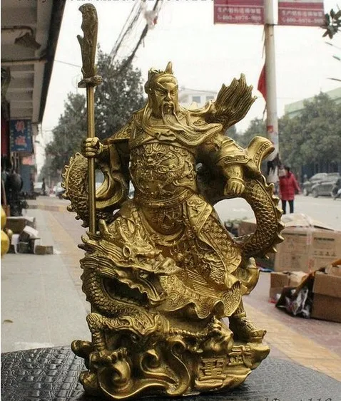 

YM 308 China Brass Dragon Robe Stand Dragon Warrior Guan Gong Yu Door-God Sword Statue