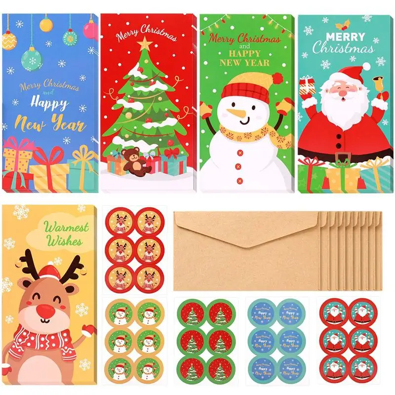 

30pcs Christmas Gift Cards With Envelopes 30-Count Set Christmas 2020 Money Wallet 5 Patterns Greet Cards With Holders Stickers