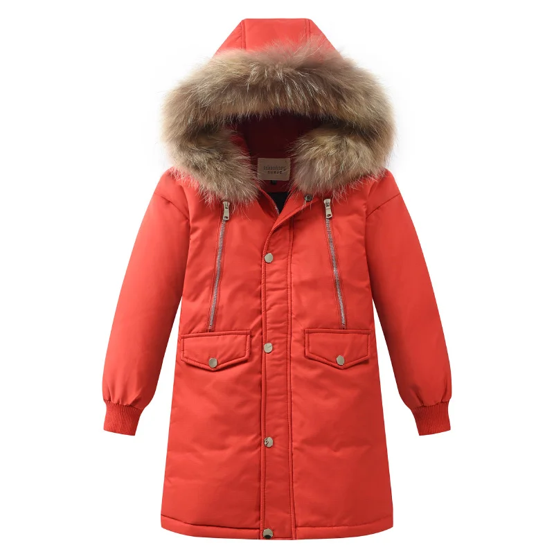 Парки для мальчиков-подростков детское зимнее теплое пальто пуховик для мальчиков длинная толстая зимняя куртка детское теплое пальто мех енота 120-170 - Цвет: orange