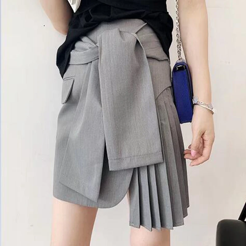 Юбка на бретелях Женская лето и осень новая высокая талия дикие женские юбки хлопок сплошной цвет модные плиссированные юбки женские