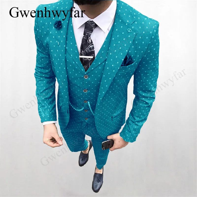 Gwenhwyfar 2020 New 3 Pieces Men Suits Peacock blue Groom suit Blazer