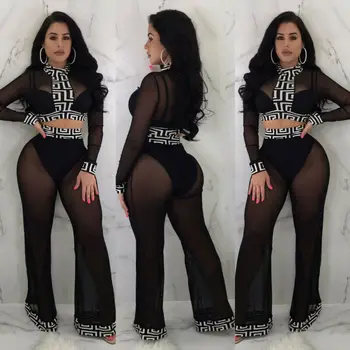 

Hot Women Sexy See Through Long Sleeve Patchwork Top +Pants Two-piece Playsuit Bodysuit Jumpsuit Romper Set