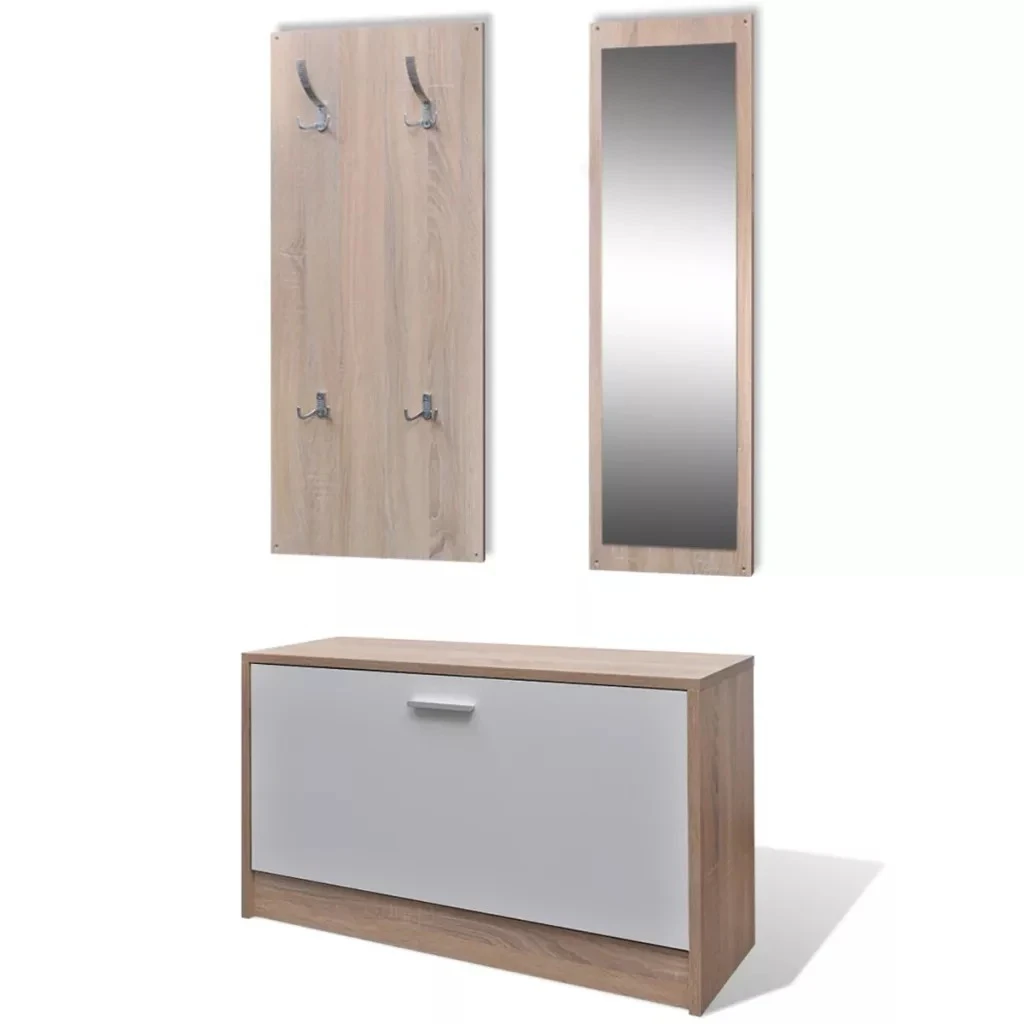 

Minimalist Modern Shoe Rack Wood Shoes Cabinet Modern Benches with Storage Oak & White Mirror and Hanger 3-in-1 Shoe Organizer