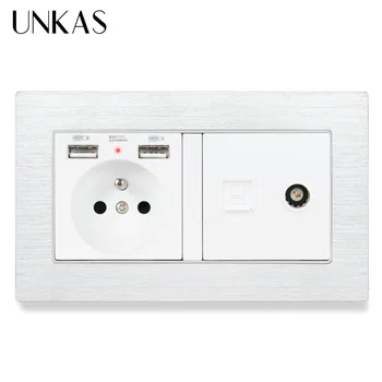 

UNKAS Aluminum Panel Brushed French Standard Socket With Dual USB Port + RJ45 Internet Computer Jack and Television Power Outlet
