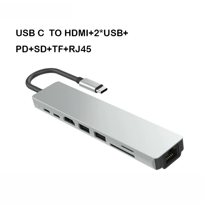 8 в 1 USB-C концентратор type-C многопортовый адаптер гигабитный порт кардридер 4K HDMI для ноутбука