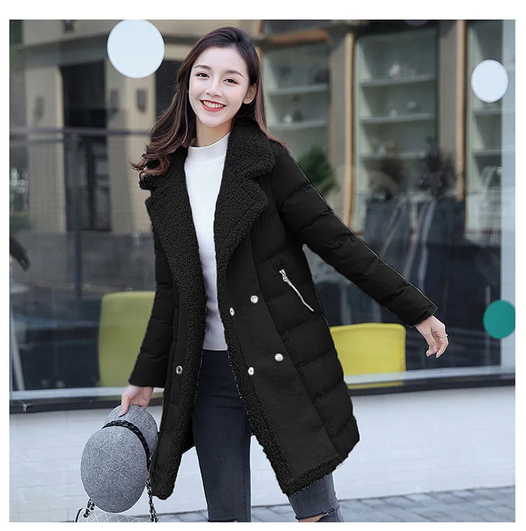 Thick Long Sleeve Winter Mid-length Double Breasted Suit Collar Sweet Solid Color Fashion City Elegant