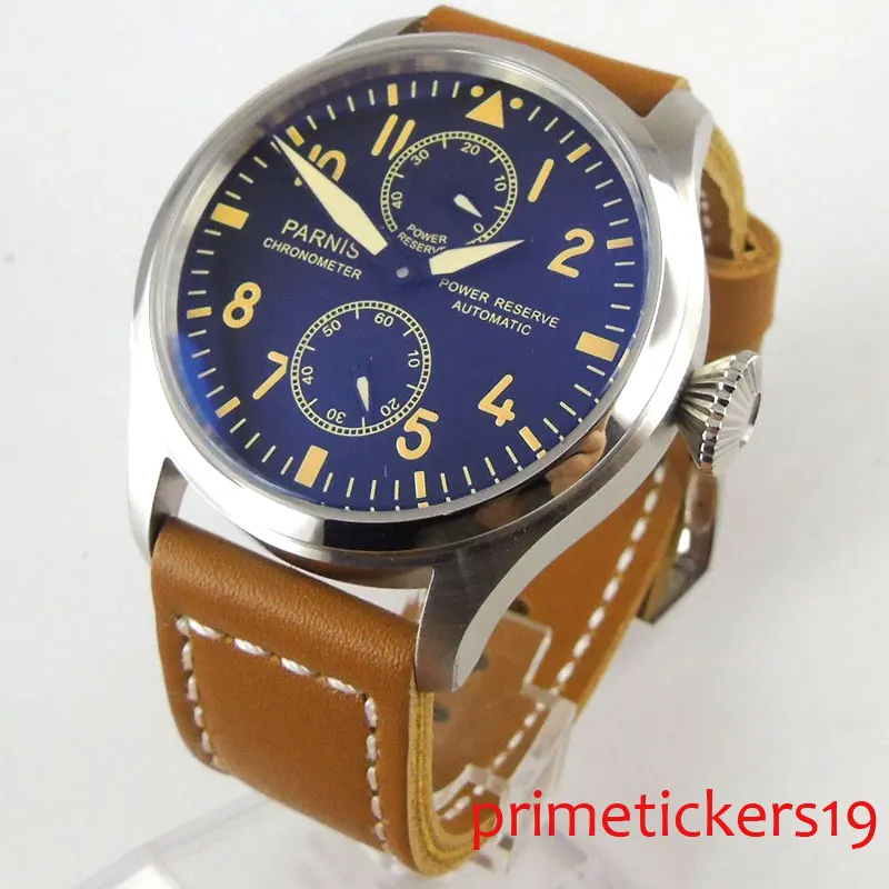 

Yellow hands 47mm parnis black dial stainless steel case leather strap automatic mechanical mens watch PA1195