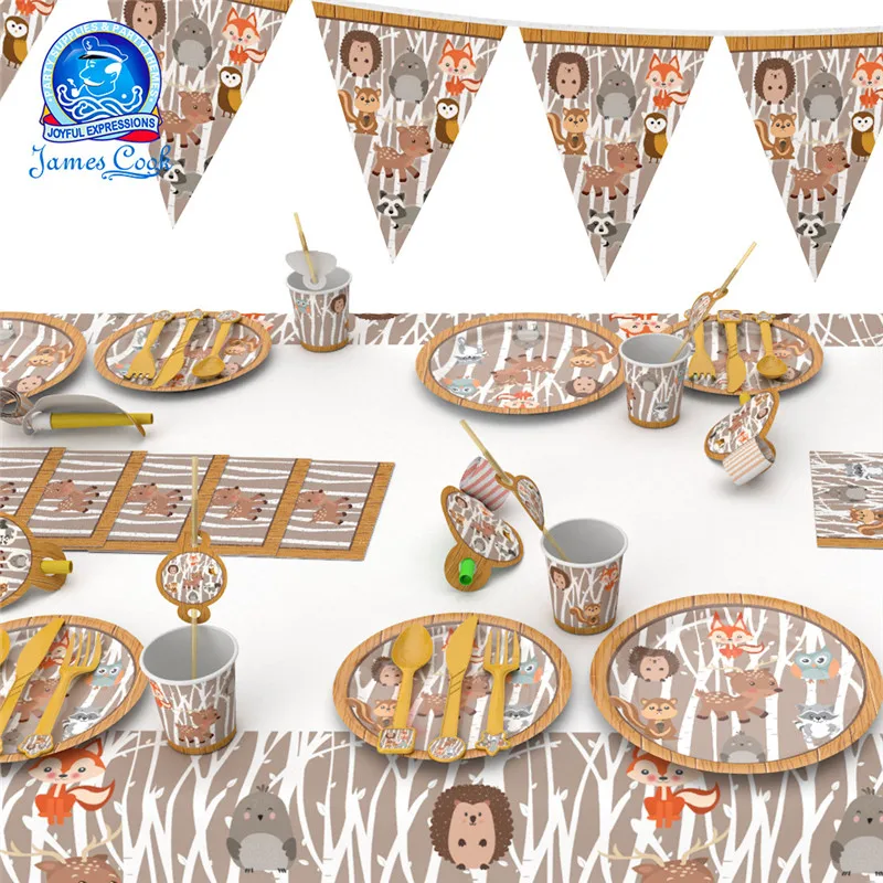 Brown Cartoon Animal Disposable Party Tableware Kids Birthday Supplies Decor Fox Squirrel Deer Hedgehog Napkin Plate Cup | Дом и сад