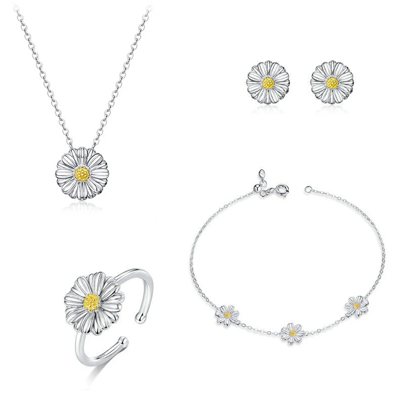 

Daisy Flower Jewelry Set Opening Rings & Stud Earrings for Women Necklace & Bracelet Jewelry Set